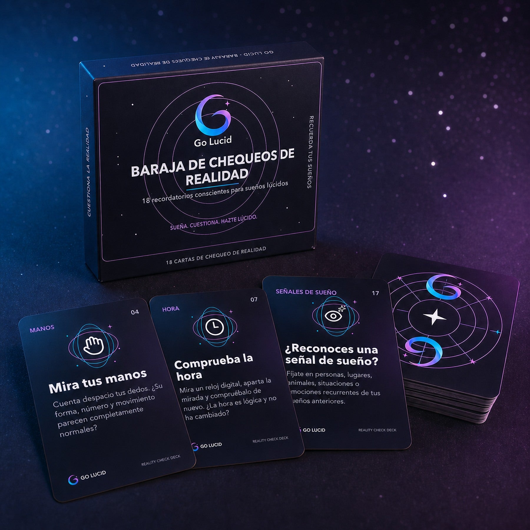 Caja del mazo de comprobación de realidad Go Lucid y tarjetas en español