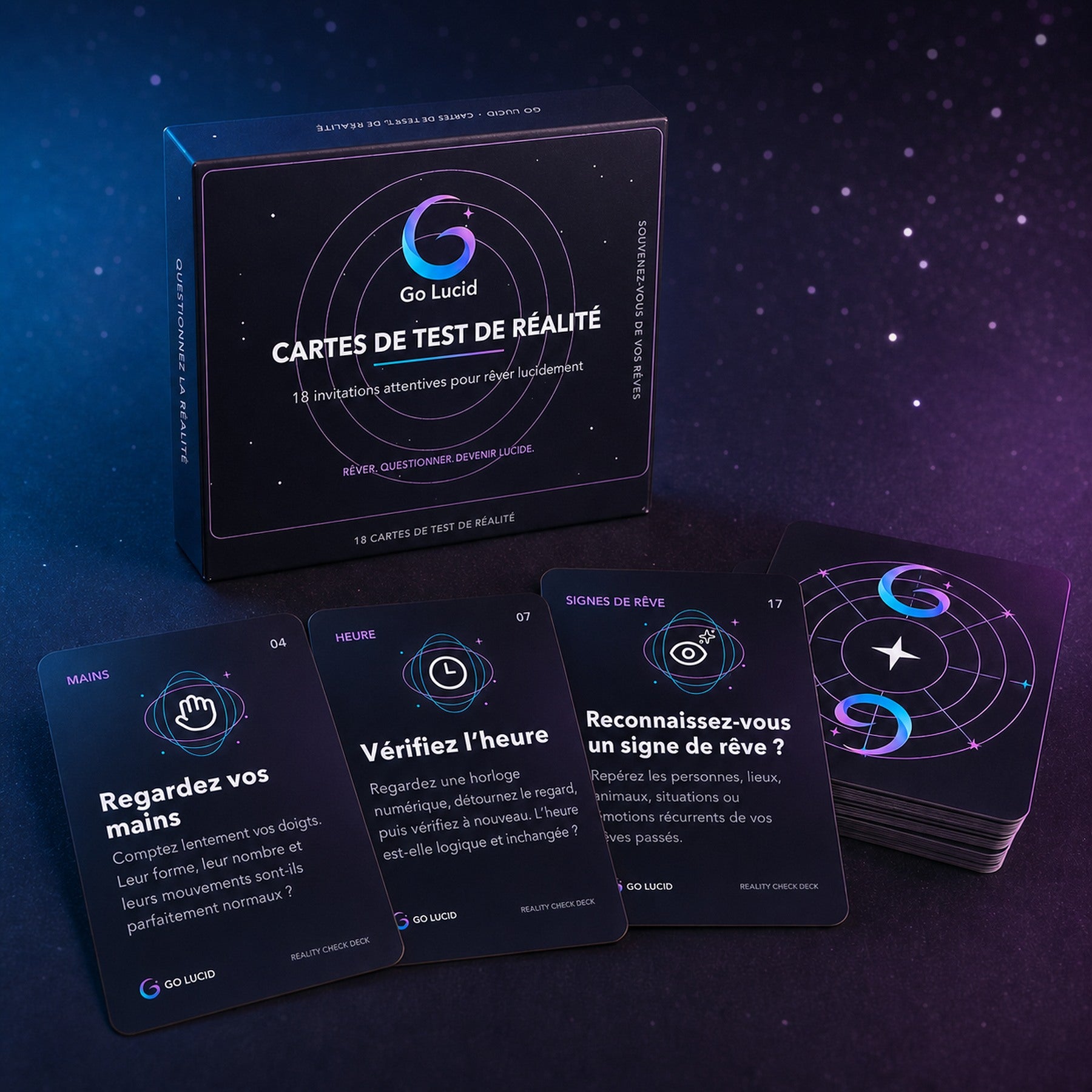Boîte du jeu de vérification de réalité Go Lucid et cartes françaises
