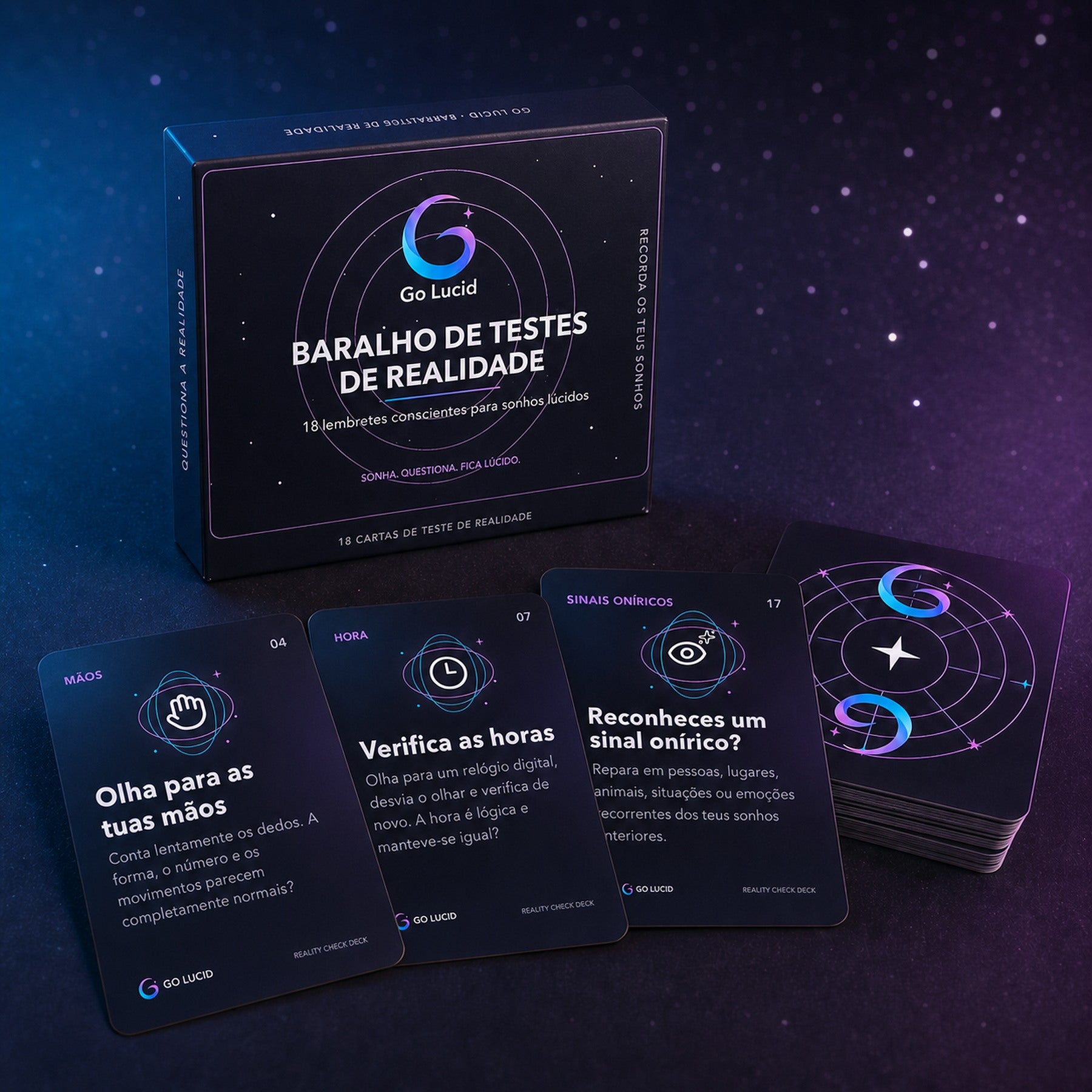 Caixa do baralho de verificação da realidade Go Lucid e cartas em português